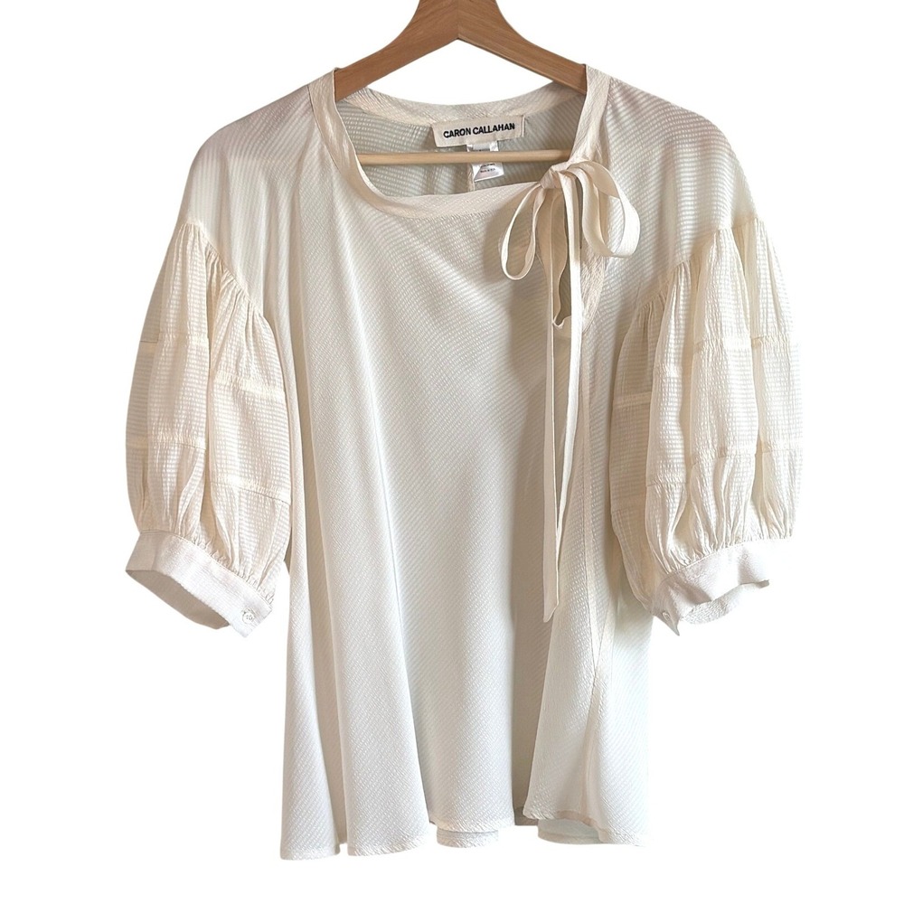 Caron Callahan Tavi Top Cream Large Puff Sleeve Tie Neck Blouse